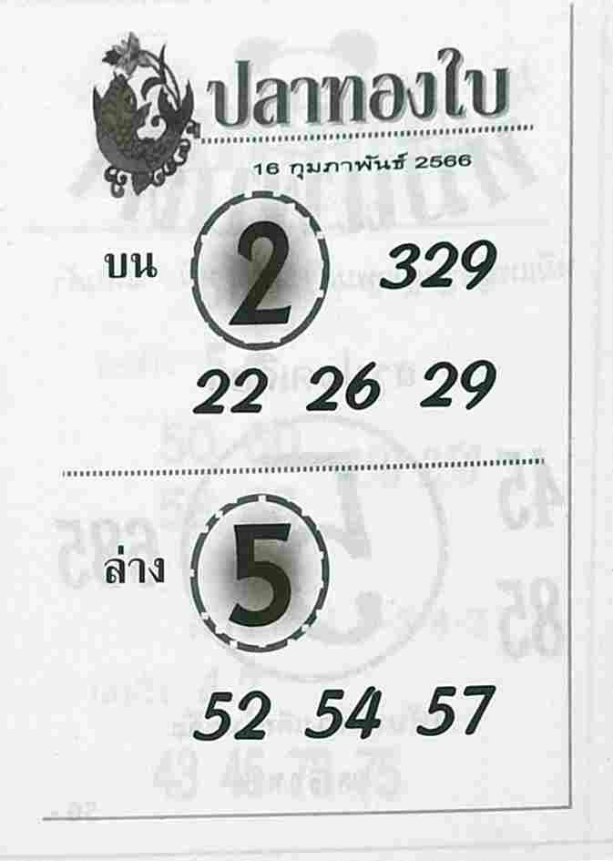  หวยปลาทองใบ 16-2-66